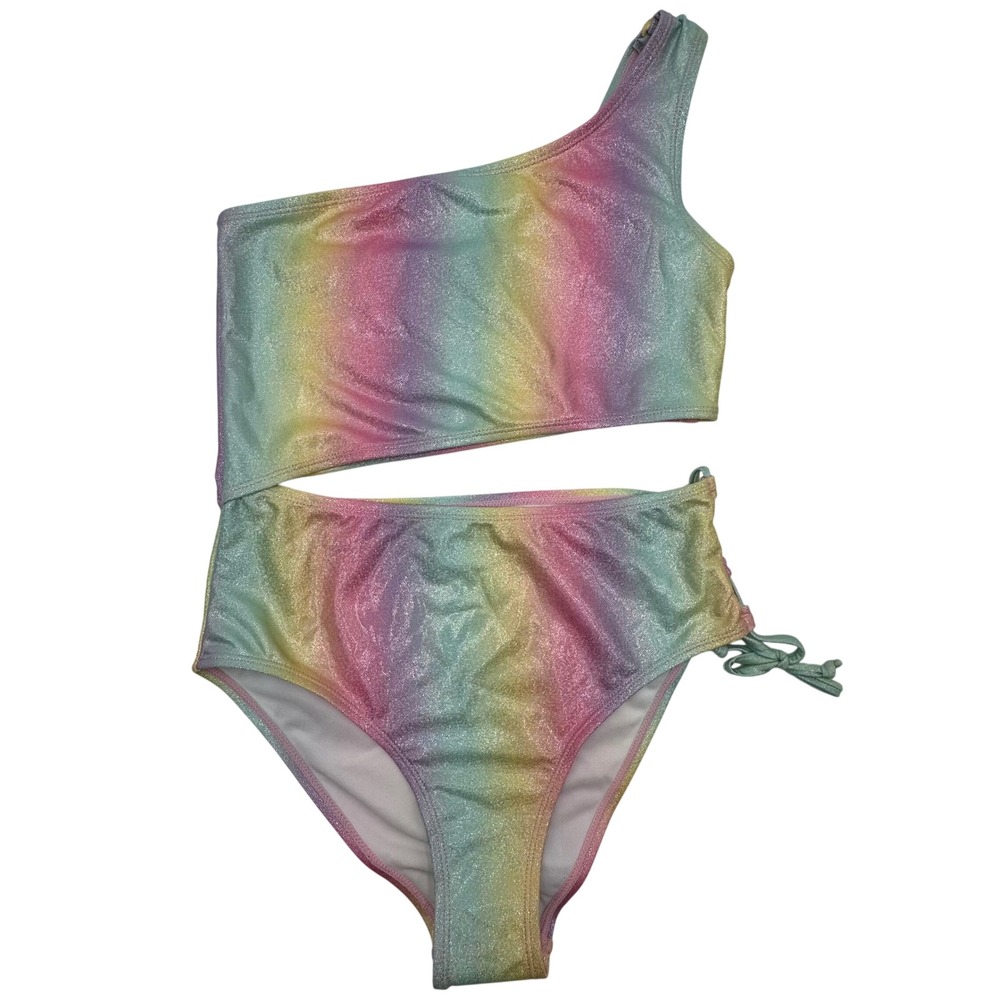 Ava & Yelly Swimsuit One Shoulder Cut Out Glitter Rainbow Girls 16 Multi Beach